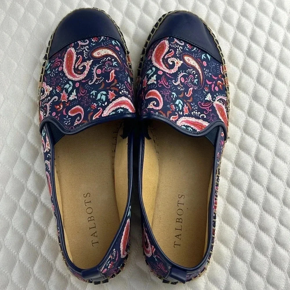 Talbots India Ink Multi Izzy Toe Cap Espadrille Flats Canvas Paisley Blue Sz 7.5